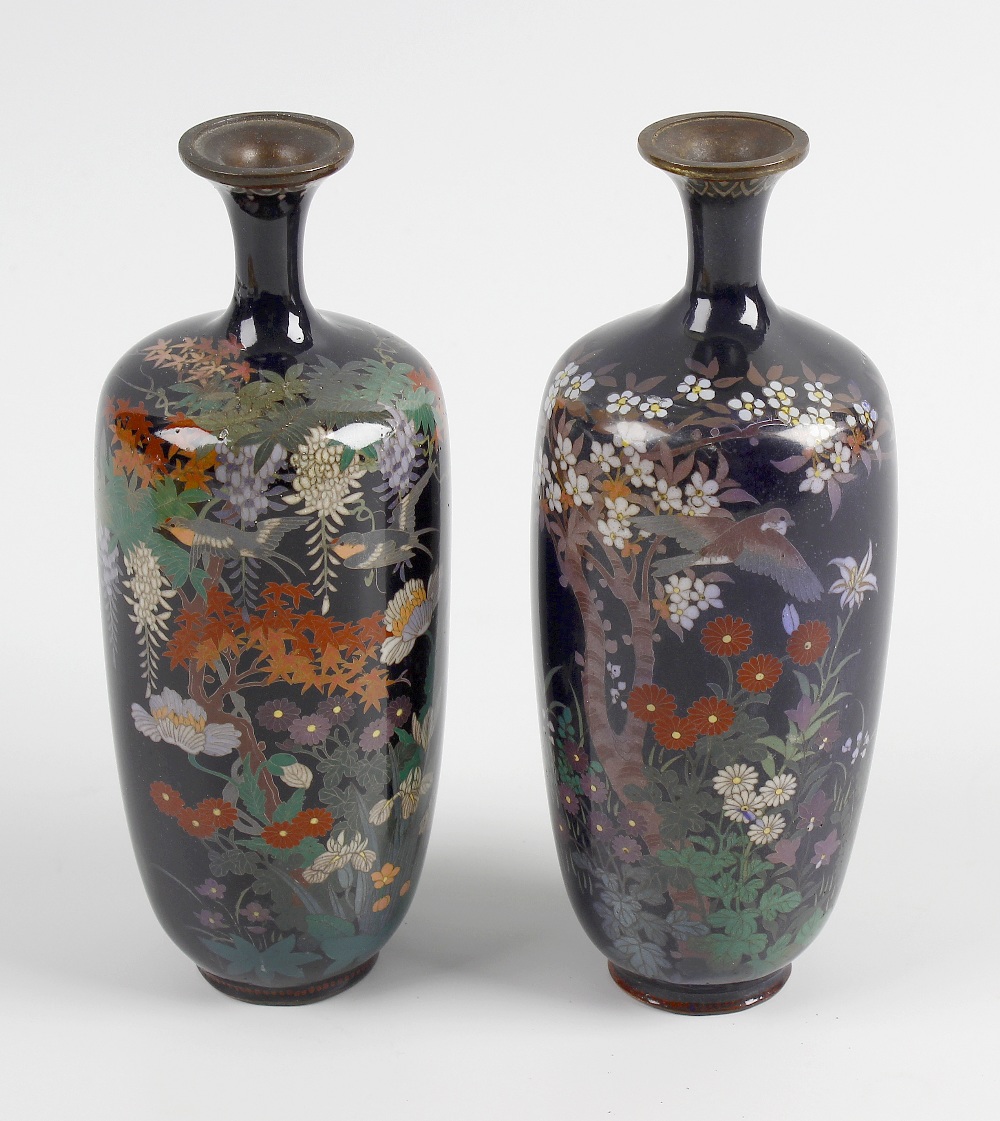 A small matched pair of Japanese Meiji period cloisonne vases. Of ovoid form with flat shoulder