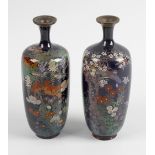 A small matched pair of Japanese Meiji period cloisonne vases. Of ovoid form with flat shoulder