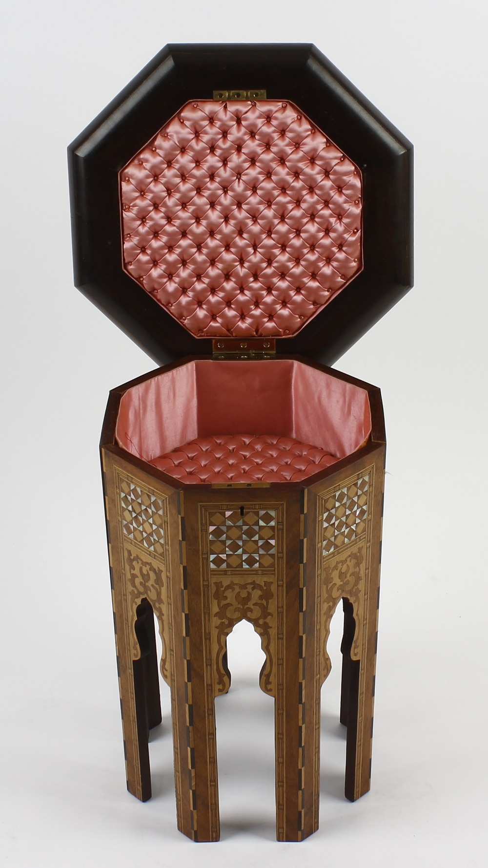 An early 20th century Eastern-style octagonal occasional or sewing table, the hinged mother-of-pearl - Image 3 of 3