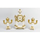 A French portico clock garniture. The white enamelled dial having Arabic numerals and floral swag