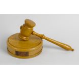 A gavel and block, turned from oak taken from H.M.S Victory. Together with two teak letter knives