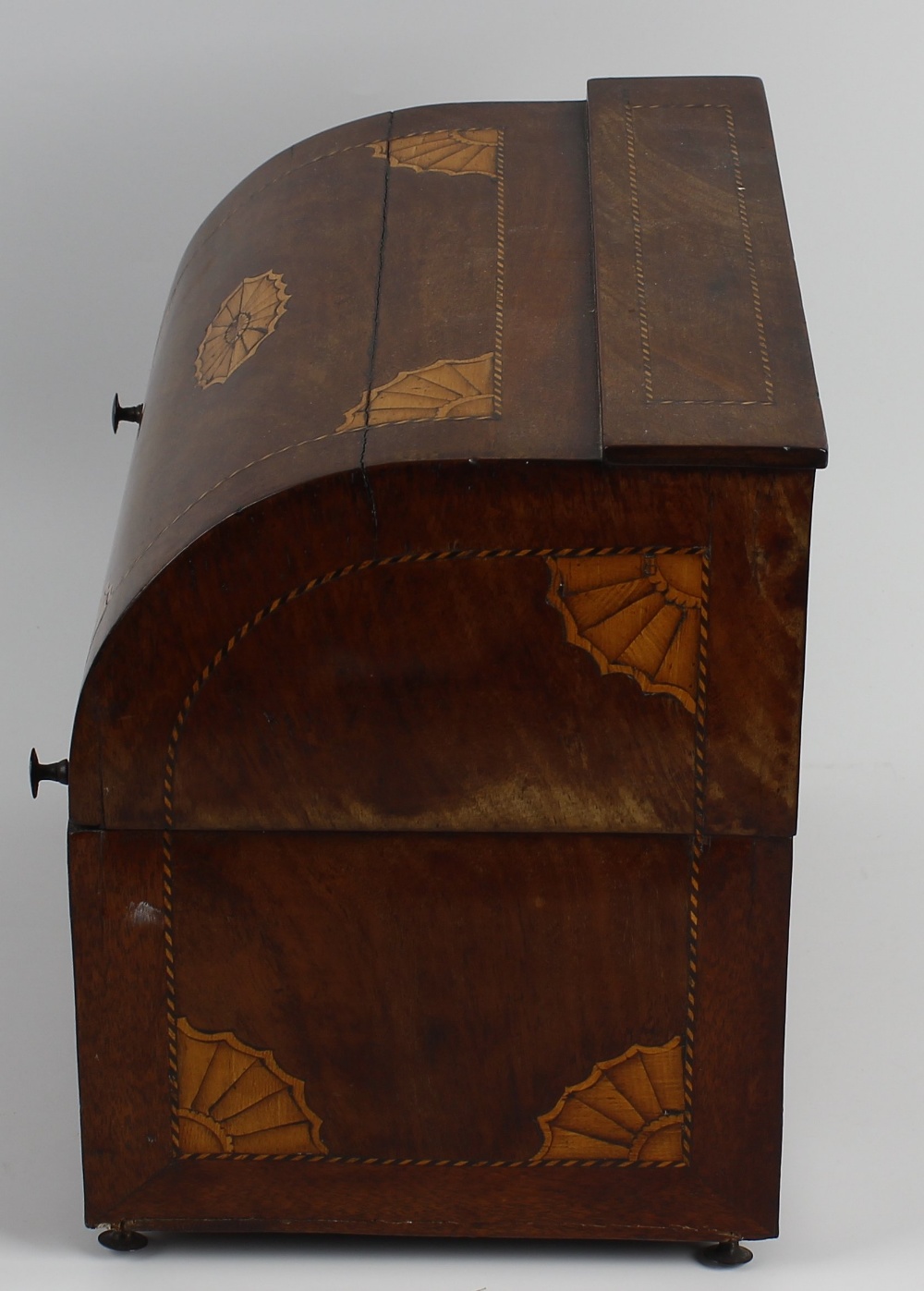 An inlaid mahogany decanter box, the hinged bow fronted cover opening to reveal a fitted interior - Image 3 of 5