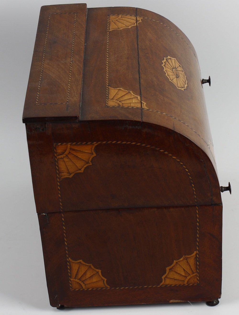 An inlaid mahogany decanter box, the hinged bow fronted cover opening to reveal a fitted interior - Image 5 of 5