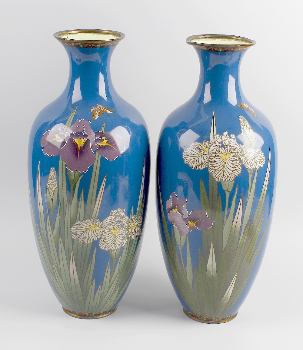 A good large pair of Japanese Meiji period cloisonne vases. Of slender pear form having waisted