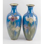 A good large pair of Japanese Meiji period cloisonne vases. Of slender pear form having waisted