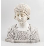 An early 20th century carved alabaster and marble bust depicting a young lady in floral decorated