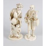 Two Oriental carved ivory figures. The first modelled as a male playing shamisen, the other as a