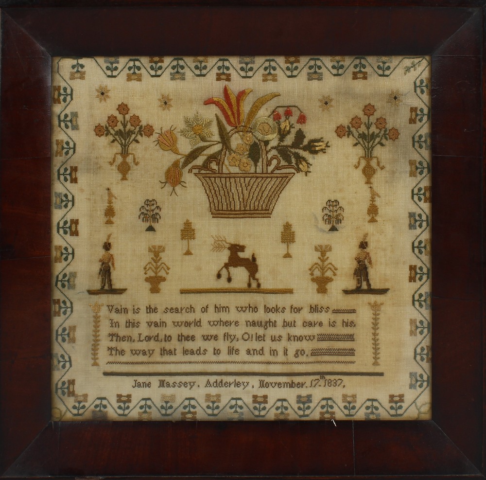 Two 19th century framed needlework samplers. The first depicting basket of flowers above single - Image 2 of 3