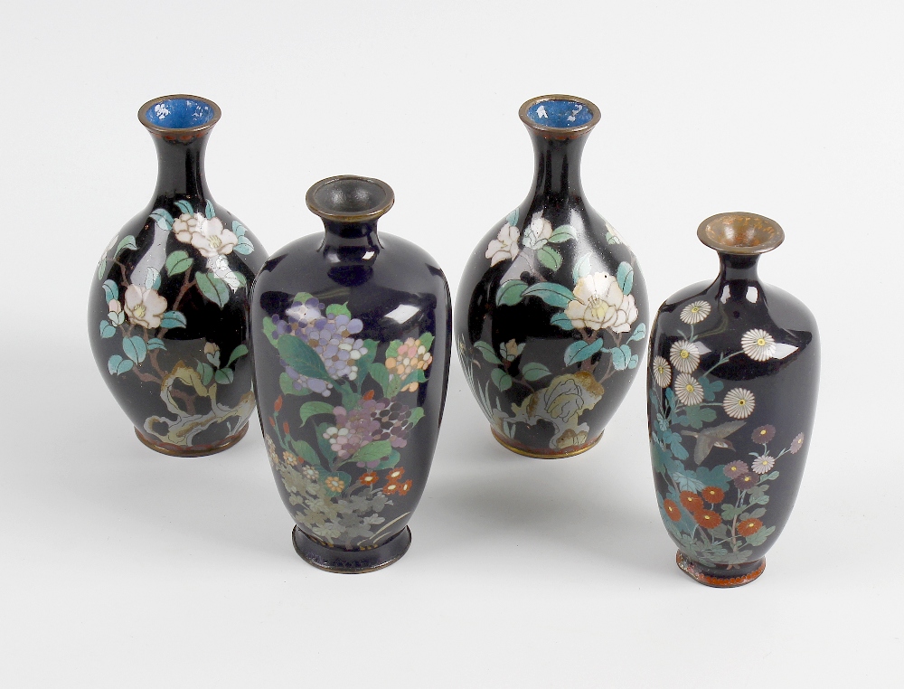 Two small Japanese Meiji period cloisonne vases. Each with a blue finished ground, one decorated