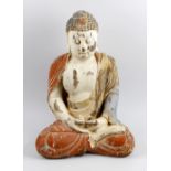 A large carved wooden figure, modelled as a seated Buddha, 31 (78.75 cm) high. Together with a