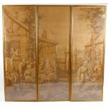 A group of six large machine made tapestry panels, Comprising a set of three with figures outside