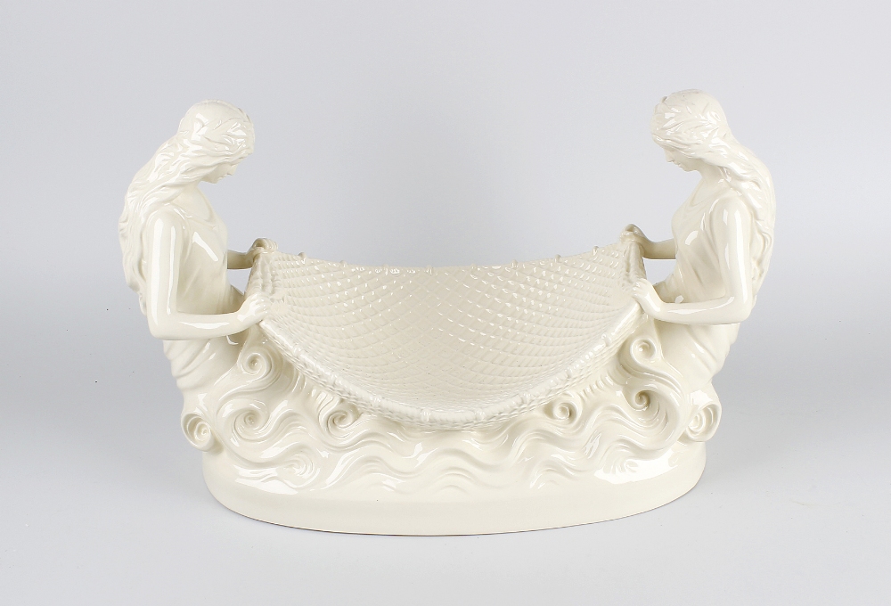 A modern Wedgwood Queensware Neriad centrepiece or dessert bowl, modelled as two females holding