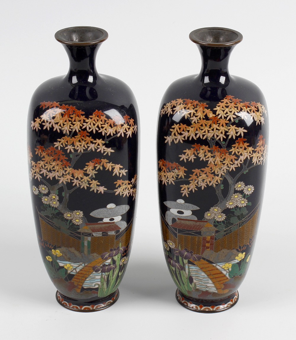 A good pair of Japanese Meiji period, Cloisonne vases. The squared tapered ovoid bodies with a