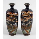 A good pair of Japanese Meiji period, Cloisonne vases. The squared tapered ovoid bodies with a