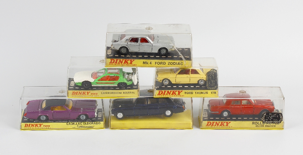 Six Dinky die cast model vehicles. No.s 152 Rolls Royce Phantom, 154 Ford Taunus, 158 Rolls Royce