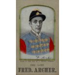 A framed 19th century stevengraph, depicting Fred Archer in blue and red silk jacket above facsimile