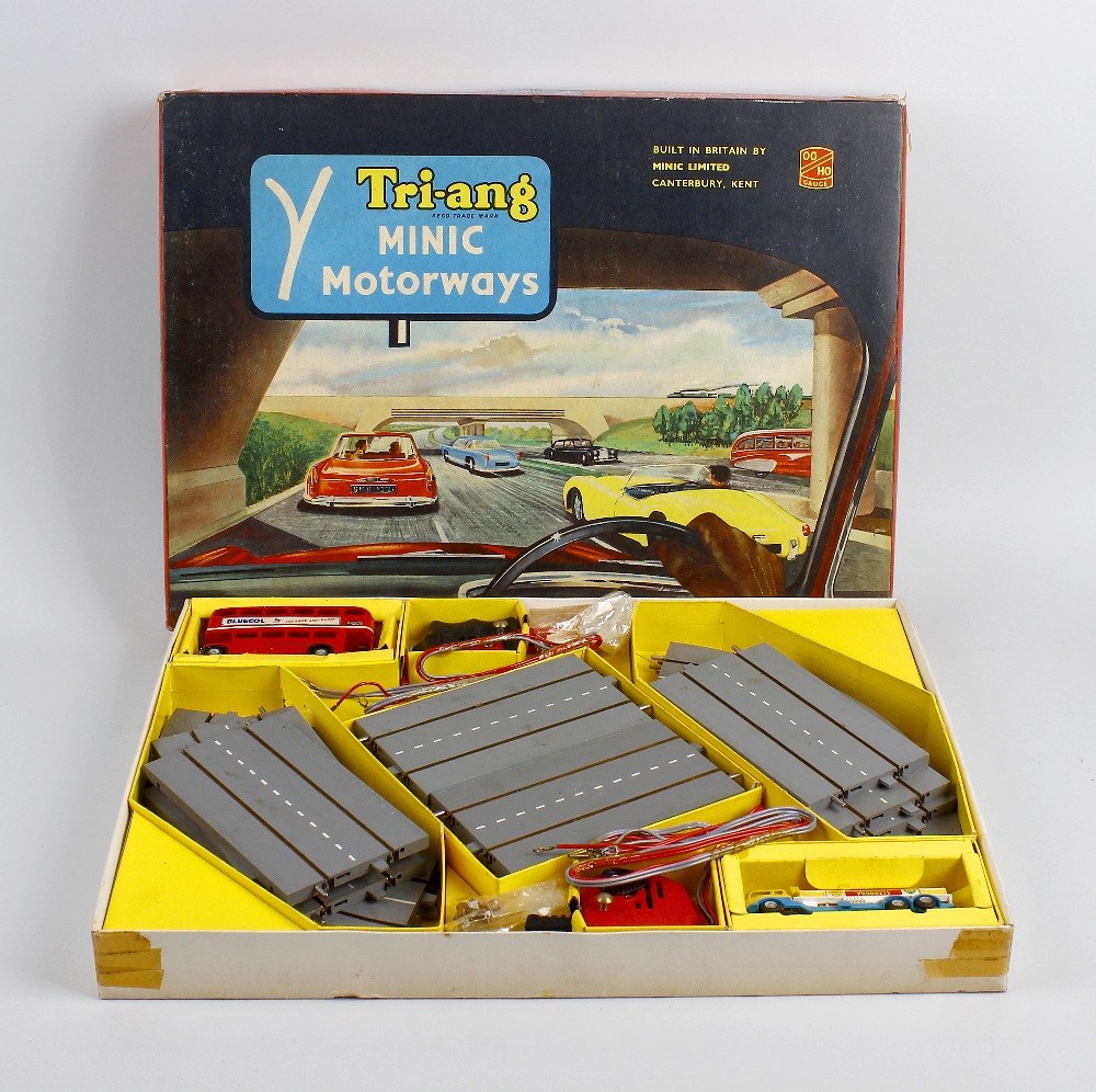 A Triang Minic motorways model race set in original box containing 'Routemaster' bus and Bedford