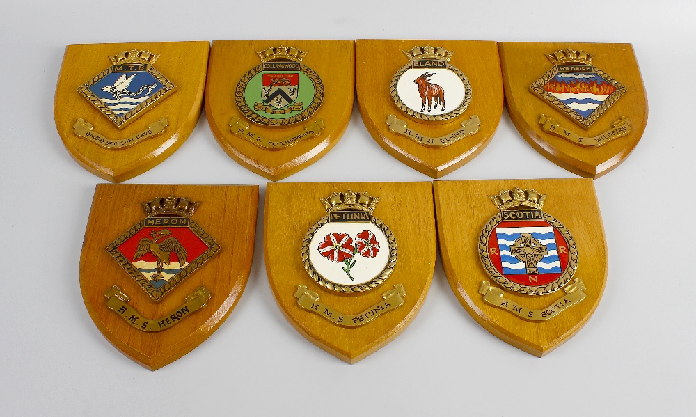 Ten hand painted moulded and other ships crests Collingwood, Heron, Vanguard, Scotia, Petunia,