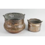 A box containing three Eastern copper and brass pots, a machine woven wall hanging tapestry, a