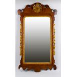 A Georgian wall mirror. The rectangular bevelled plate within scroll carved mahogany frame having