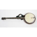 A cased banjo. 'The Whirle' by Windsor of Birmingham, having five strings and inlaid decoration to