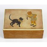 An unusual Art Deco rectangular shaped trinket box and cover, the brass panelled top inlaid with