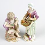 A Meissen figure, modelled as a female vegetable seller with wicker basket, blue glaze mark beneath,