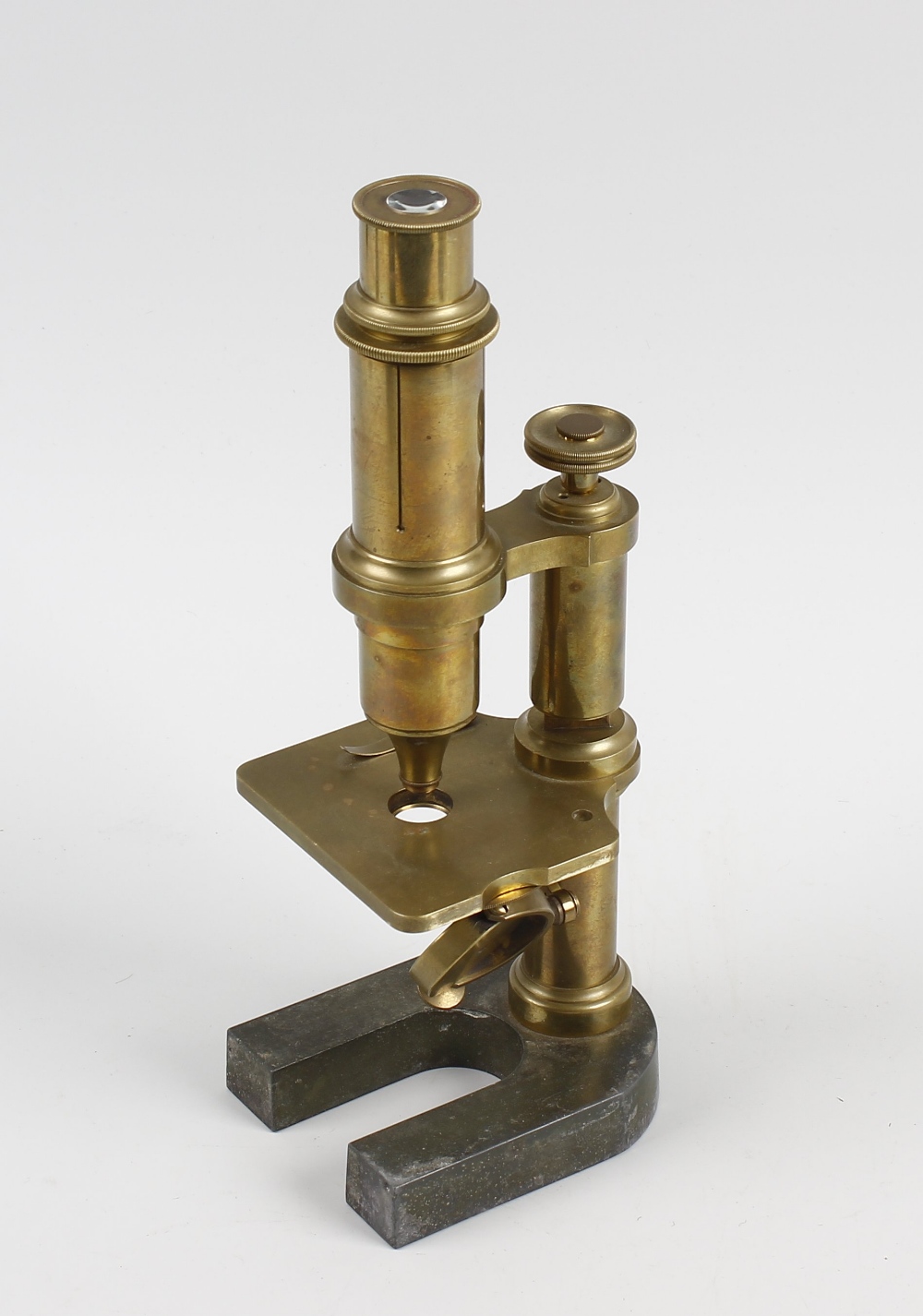 A 19th century mahogany cased brass microscope. The adjustable neck above rectangular stage and - Image 2 of 2