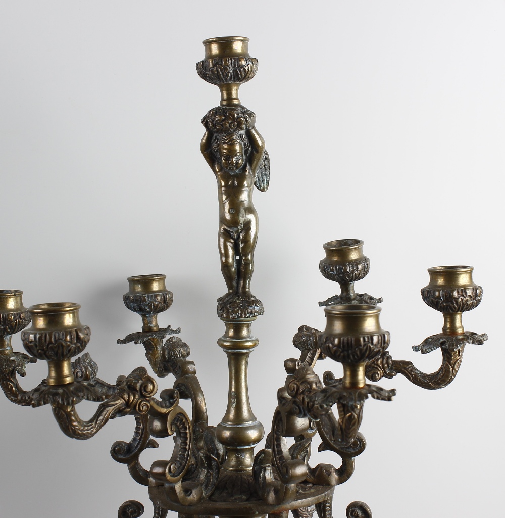 A pair of large Regency-style bronze candelabra. Each having six scrolling branches leading to the - Image 2 of 2