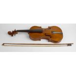 A Nicolas Bertholini violin, 24 (61 cm) long with bow. Heavily worn, scratched and marked. Strings