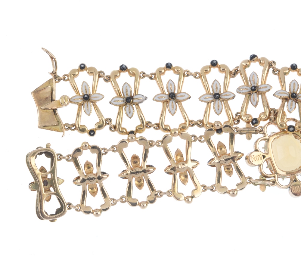 An early 20th century gold citrine, enamel and split pearl bracelet. Designed as two cushion-shape - Image 3 of 3