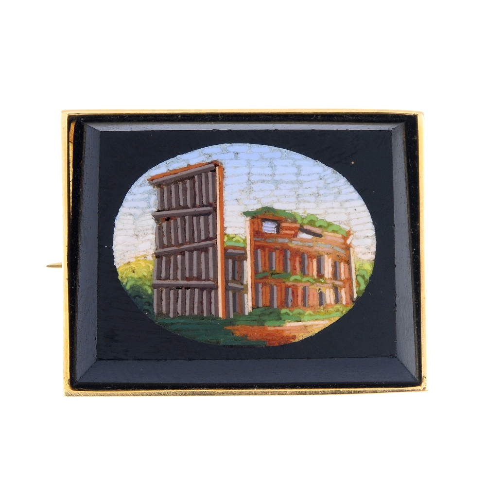 A micro mosaic brooch. Of rectangular outline, the mosaic depicting the Coliseum, to the plain