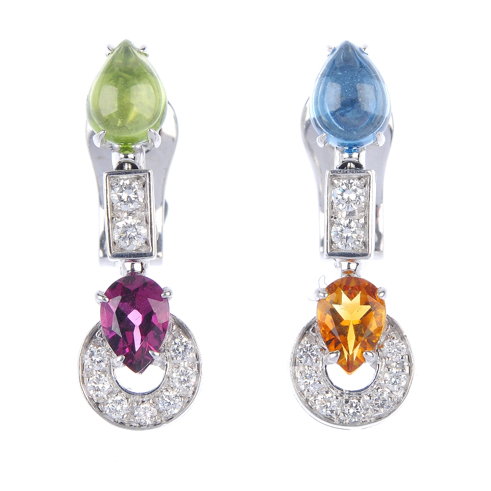 BULGARI- a pair of 'Allegra' diamond and gem-set ear pendants. Each designed with alternating topaz,