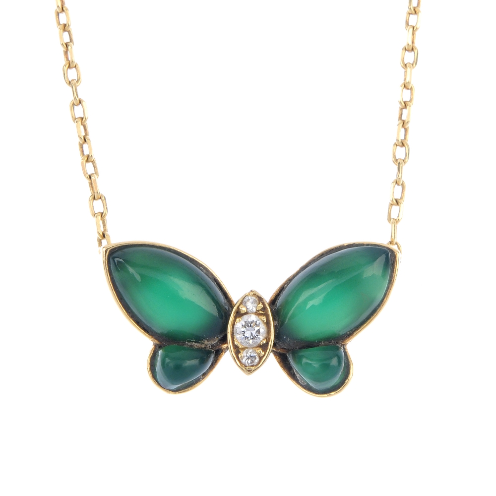 VAN CLEEF & ARPELS - a green hardstone and diamond butterfly necklace. The green agate cabochon