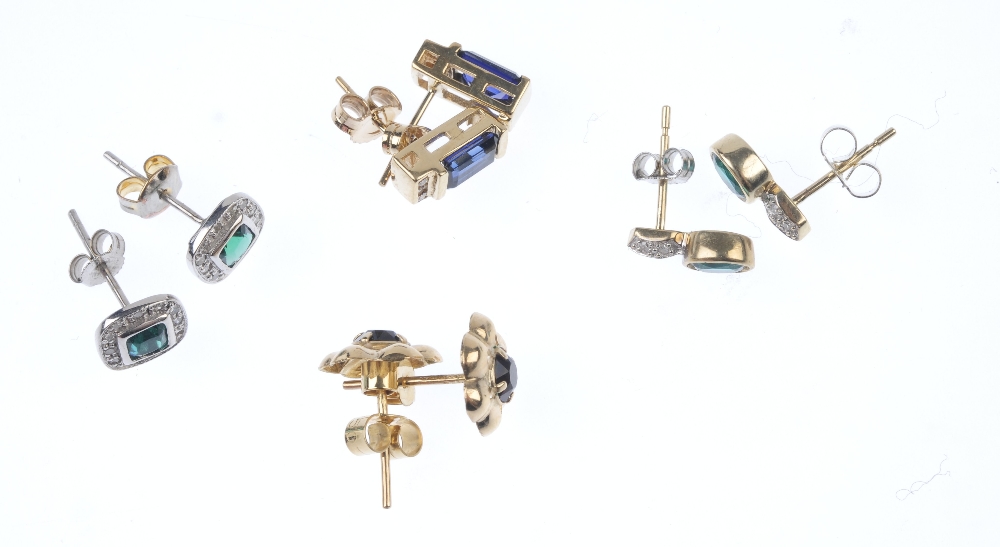 A selection of four pairs of diamond and synthetic gem-set earrings. To include a pair of 9ct gold - Image 3 of 3