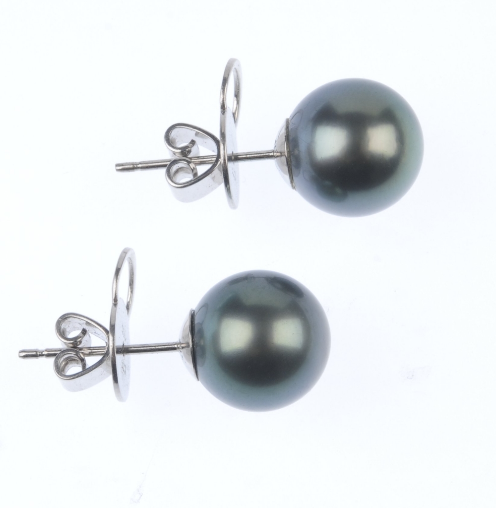 A pair of cultured pearl ear studs. Each designed as a grey cultured pearl, measuring 10.7 and 10. - Image 2 of 2