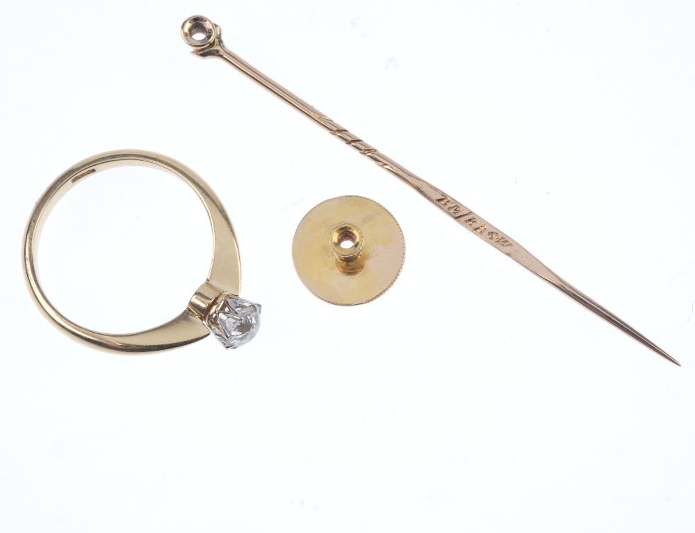 An interchangeable diamond single-stone ring, stickpin and stud. Comprising an old-cut diamond - Image 2 of 2