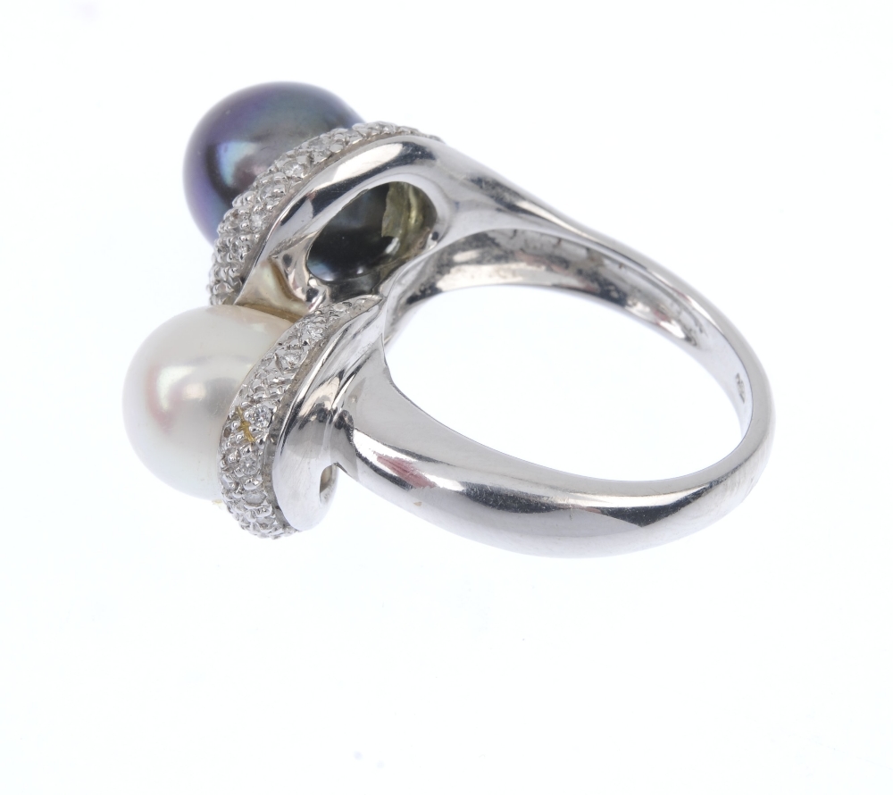 A cultured pearl and diamond dress ring. The black and cream cultured pearls, within a pave-set - Image 3 of 4
