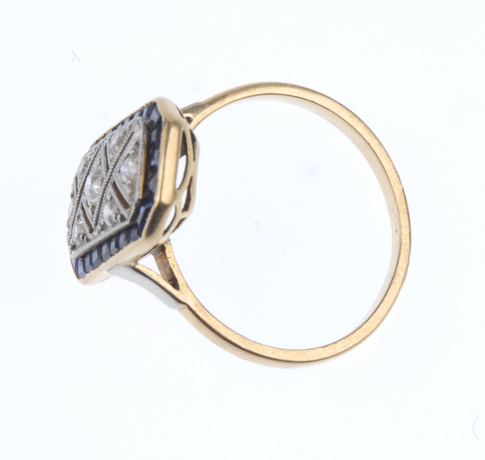 A mid 20th century gold diamond and sapphire dress ring. The old-cut diamond rectangular panel, - Image 3 of 4
