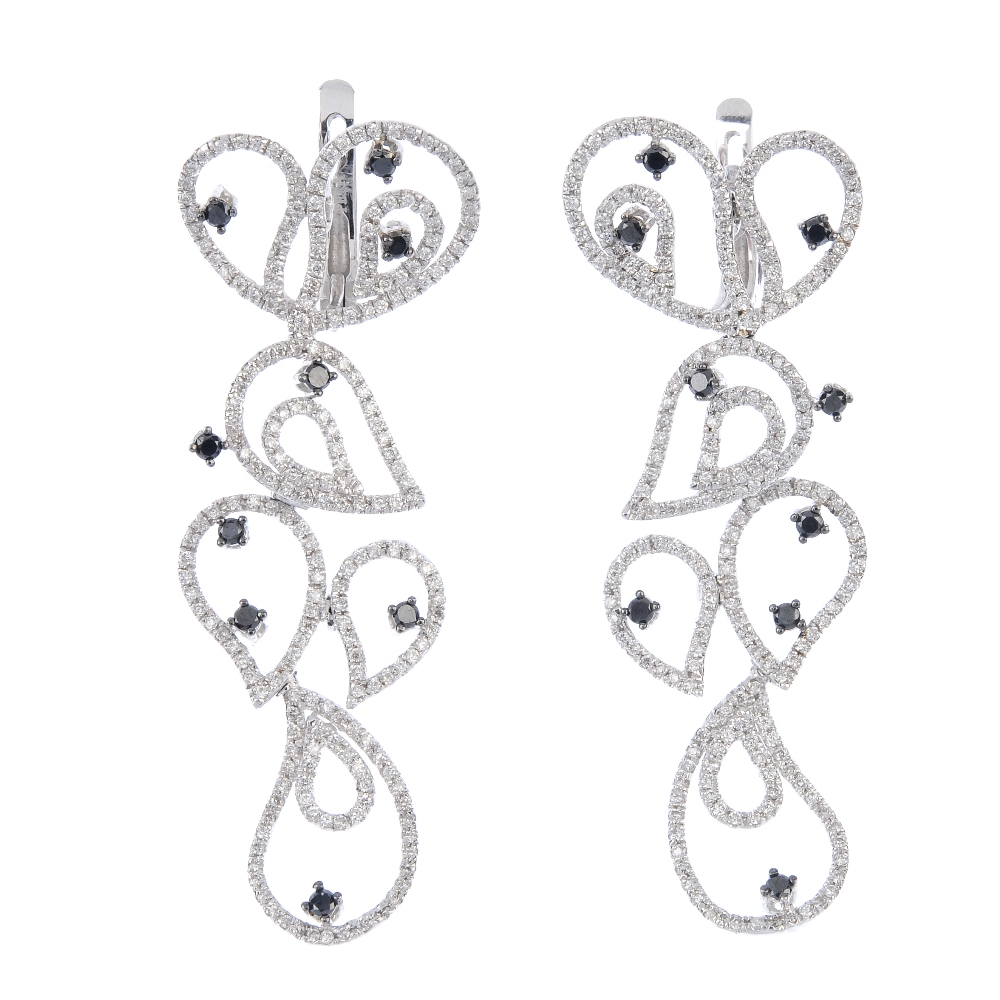 A pair of 18ct gold diamond and gem-set ear pendants. Each designed as a cascade of brilliant-cut