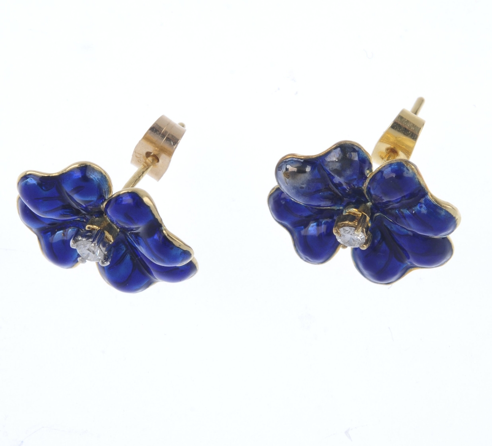 A pair of diamond and enamel floral ear studs. Each designed as a blue enamel flower, with - Image 2 of 3