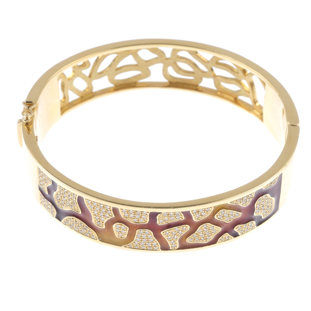 A set of diamond and enamel jewellery. The hinged bangle designed as a vari-shade enamel panel - Image 3 of 3