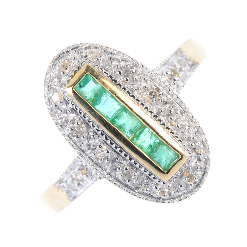 An 18ct gold emerald and diamond ring. The square-shape emerald line, within a channel-setting, to