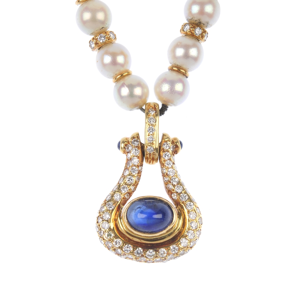 A sapphire, diamond and cultured pearl necklace. The oval sapphire cabochon collet and pave-set