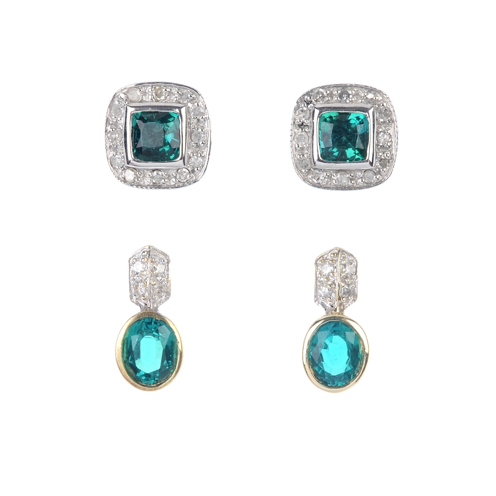 A selection of four pairs of diamond and synthetic gem-set earrings. To include a pair of 9ct gold