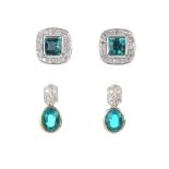 A selection of four pairs of diamond and synthetic gem-set earrings. To include a pair of 9ct gold