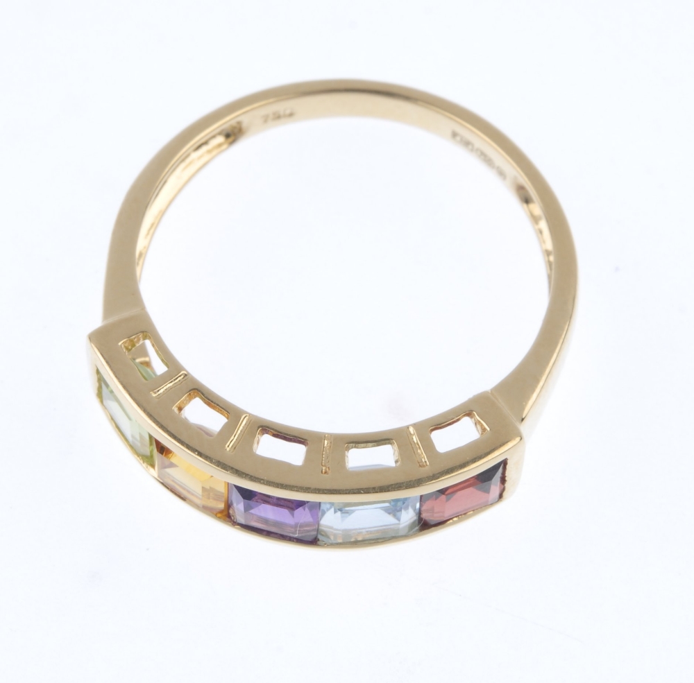 An 18ct gold multi-gem five stone ring. The square-shape garnet, blue topaz, amethyst, citrine, - Image 2 of 4