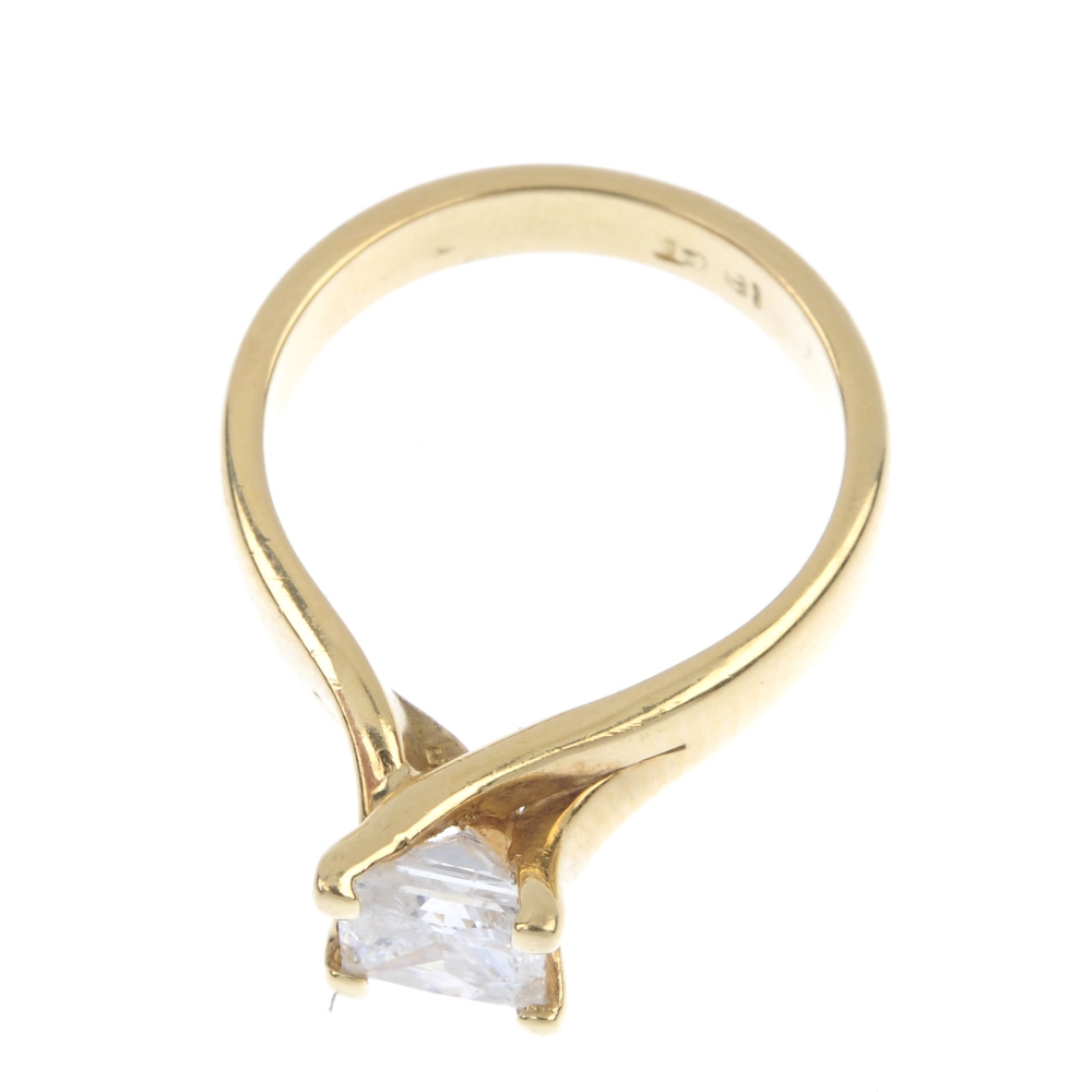 A diamond single-stone ring. The square-shape diamond, to the curved claw setting and plain band. - Image 2 of 4
