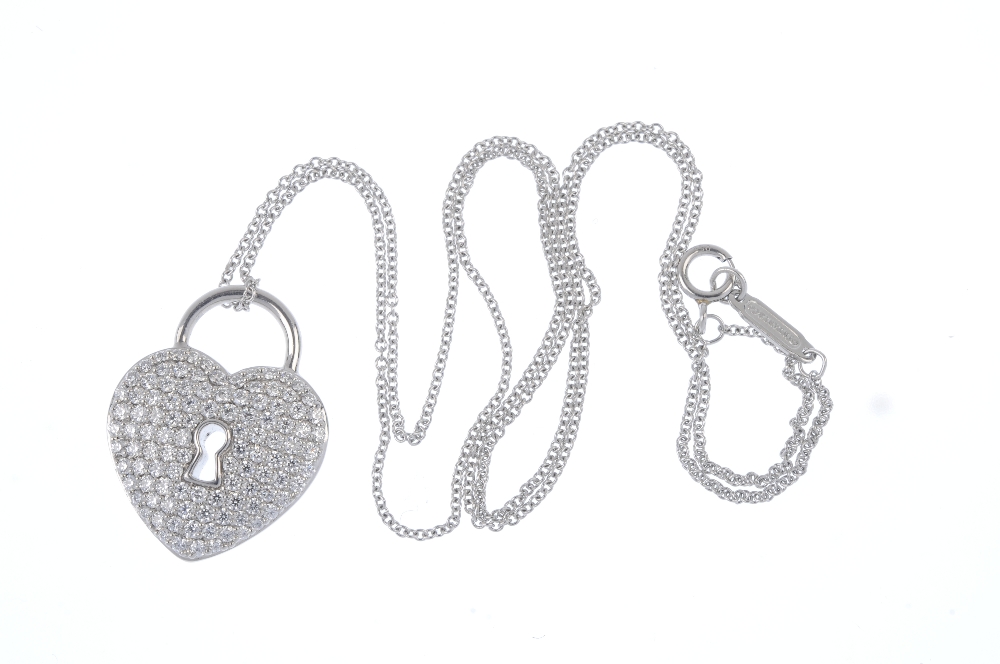 TIFFANY & CO. - a diamond 'lock' pendant. Designed as a pave-set diamond heart lock, with openwork - Image 3 of 3