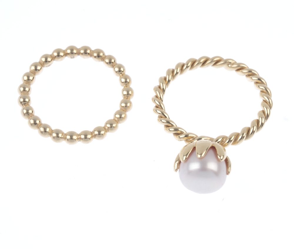 PANDORA - two 14ct gold rings. The first designed as a cultured pearl ring, with twist band, the - Image 2 of 3